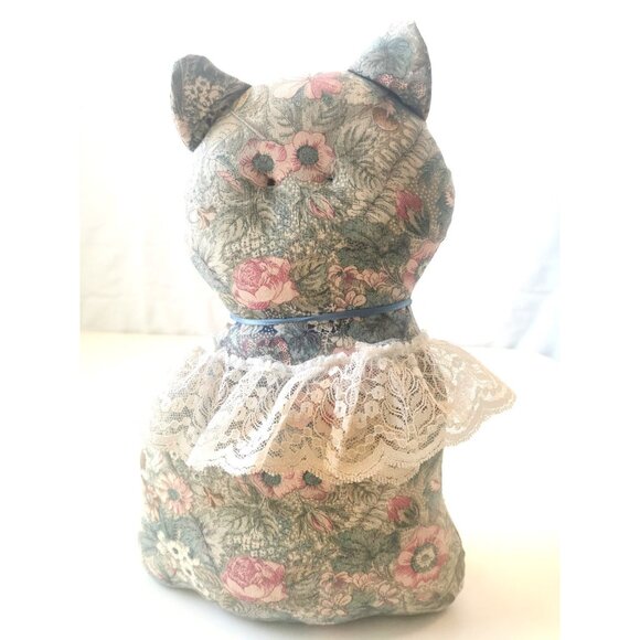 Vintage Quilted Kitty Cat Door Stop Hand Made Folk Art Weighted Large Mid Centur - Picture 3 of 6